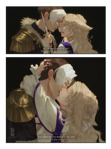 Enemies-to-lovers-themed art of Emet-Selch and my Viera OC from Final Fantasy 14. Inspired by the lyrics of “Ma Meilleure Ennemie” from Arcane.