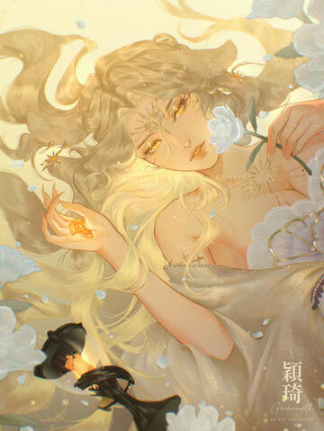 Art of my Final Fantasy 14 OC holding the crystal of Azem and an Elpis flower